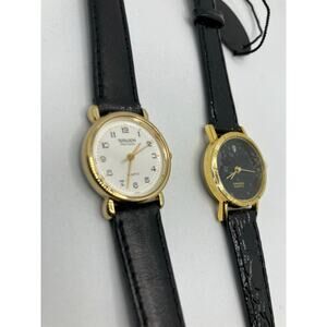 Women's Watch Lot of (2) Gold‎ Tone BLACK LEATHER Gruen Diamon Analog